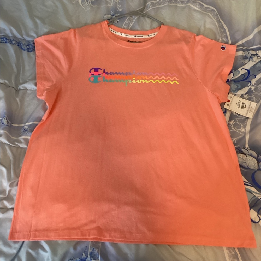 Champion Women's Short Sleeve Tee - Peach with Multicolor Logo